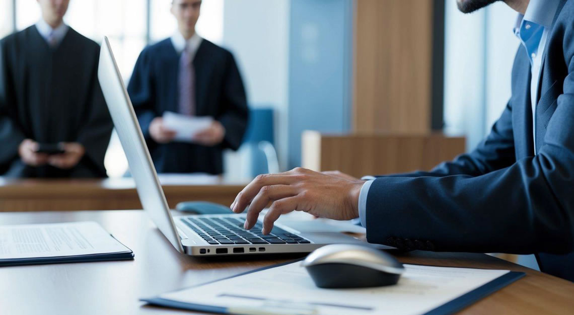 A person using a computer to gain unauthorized access to sensitive information, with legal documents and court proceedings in the background