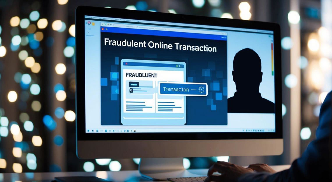 A computer screen displaying a fraudulent online transaction, with a hacker's silhouette in the background