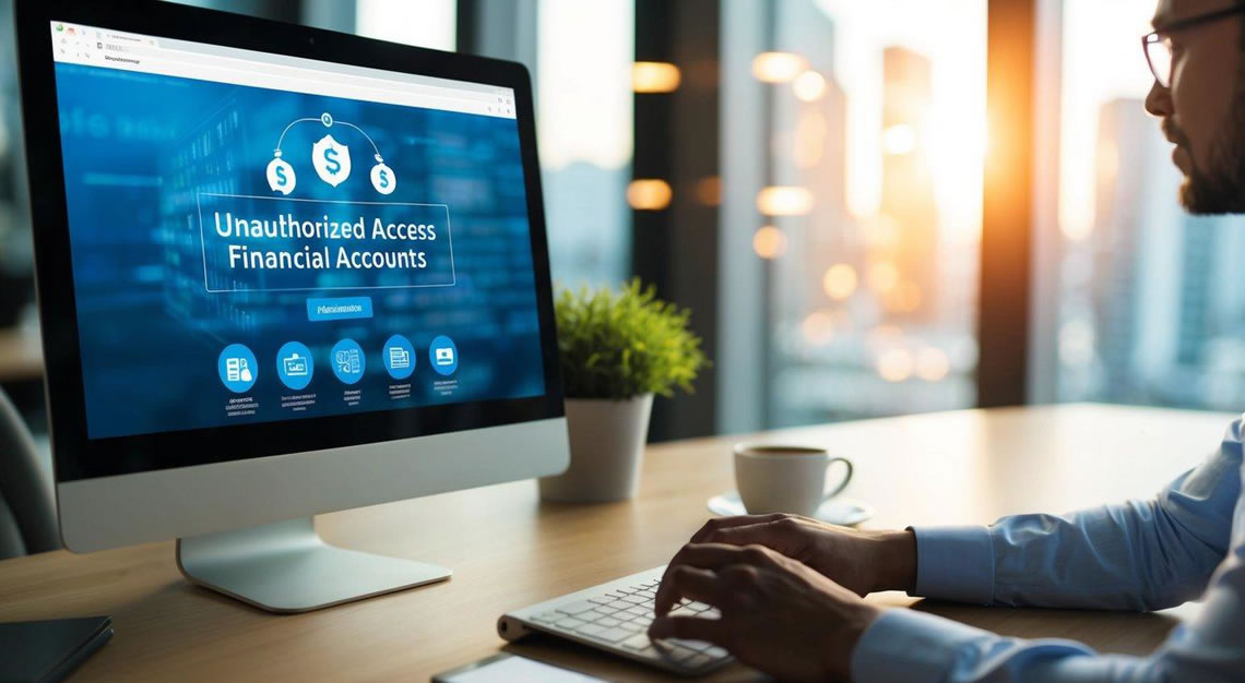 A computer screen displaying unauthorized access to financial accounts